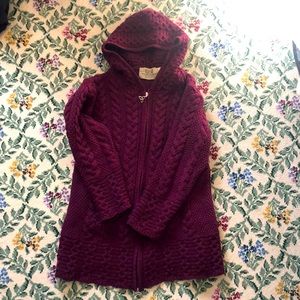 Hooded Cable-Knit Sweater Cardigan - Deep Wine